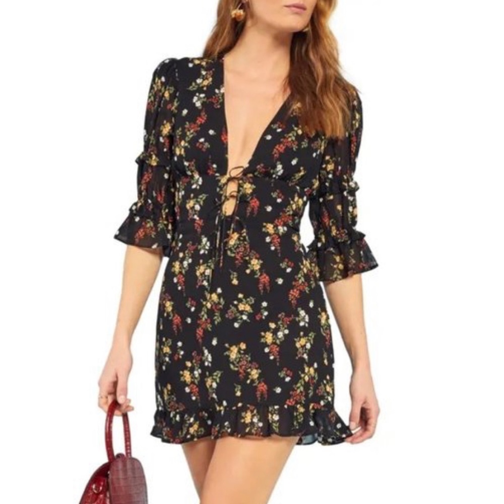Reformation Laurelei Plunge Minidress Black Floral